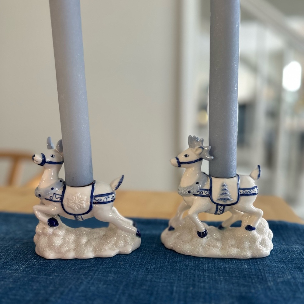 Elegant Reindeer Candle Holders - Blue and White